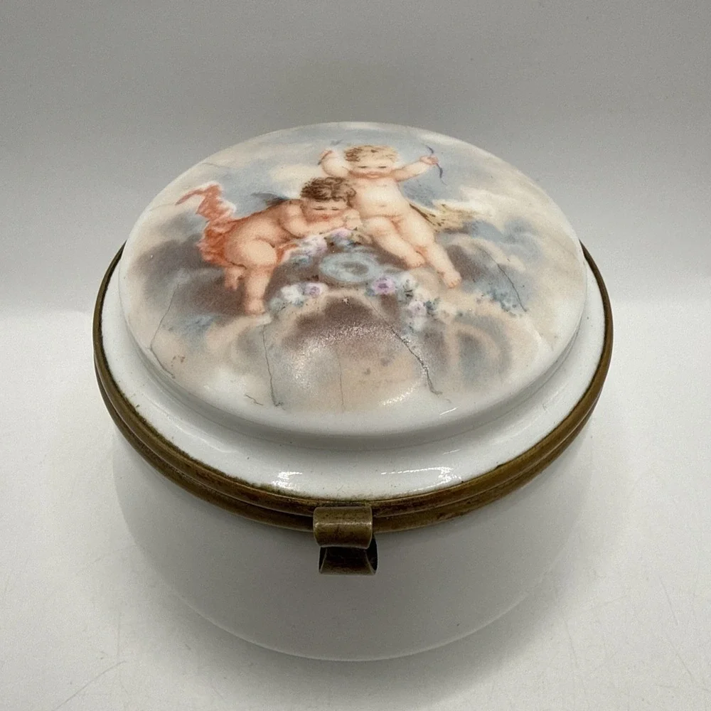 Antique Porcelain Hinged Trinket Box with Cherub Decor Dresser Box
